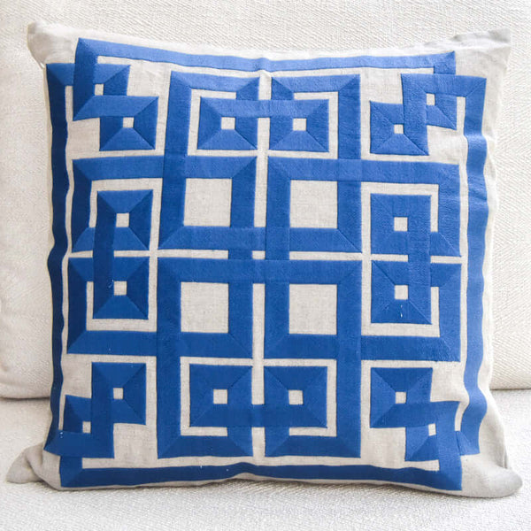Beth lacefield Blue Cushion, Atlanta based artist and textile designer plays up layering of textures, patterns and color. This throw pillows expresses a timeless styled design using 100% Linen inlaid with beautiful embroidery of Greek Key Geometric design.