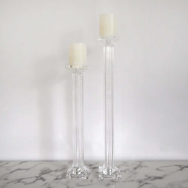 Clear Crystal Candle Holders with white pillar candles for console table decor. 