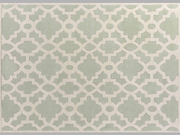 Horizontal full view of contrasting ivory and mint patterns on Lattice mint rug.