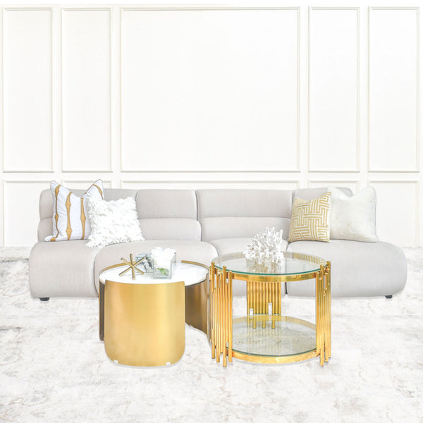 Cava 4-Seater Curved Modular Sofa in beige velvet, front view, offering comfortable seating and contemporary style in a Singapore apartment.