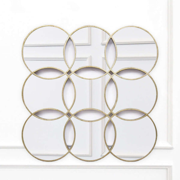 Round circular wall mirror and wall art decor. Hand-painted in antique champagne-gold finish.