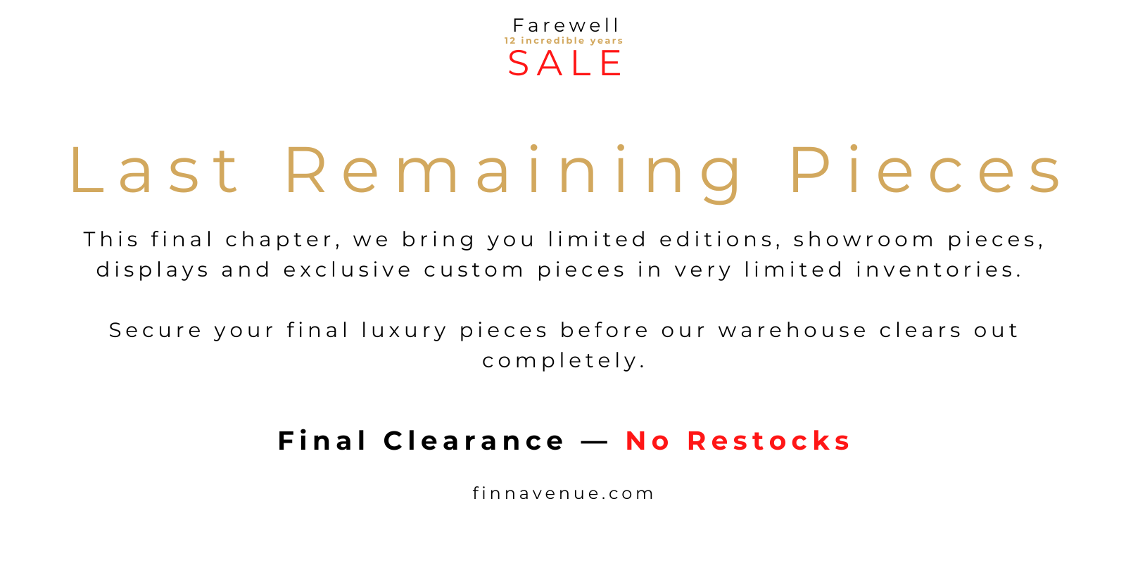 Farewell sale promotional banner celebrating 12 incredible years of sophisticated contemporary home decor and storewide markdowns at Finn Avenue Furniture Store in Singapore.