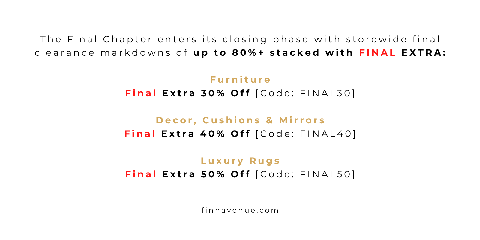 Farewell sale promotional banner celebrating 12 incredible years of sophisticated contemporary home decor and storewide markdowns at Finn Avenue Furniture Store in Singapore.
