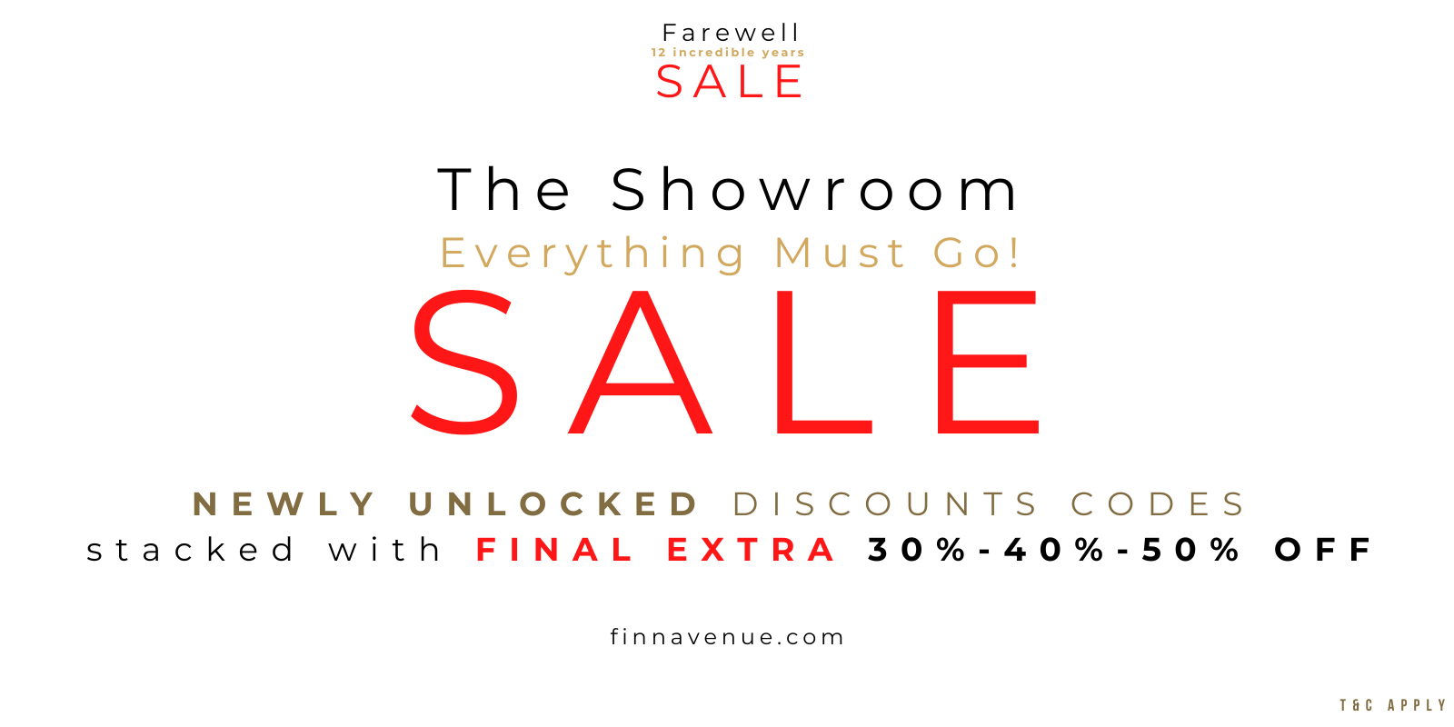 Finn Avenue Furniture Store final clearance closing sale banner featuring storewide discounts and promo codes for furniture, decor, cushions, mirrors, and rugs in Singapore.