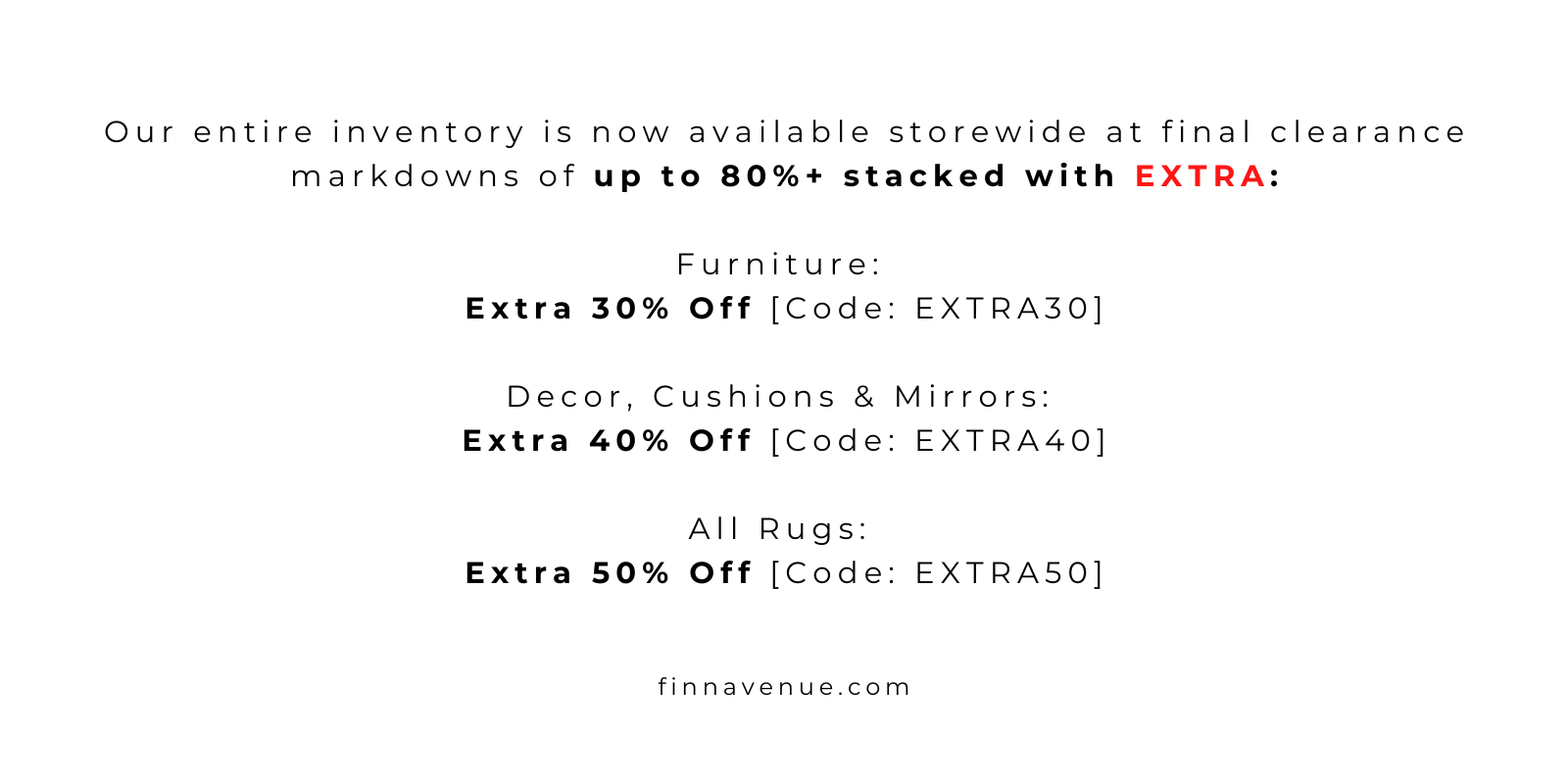 Finn Avenue Furniture Store final clearance closing sale banner featuring storewide discounts and promo codes for furniture, decor, cushions, mirrors, and rugs in Singapore.