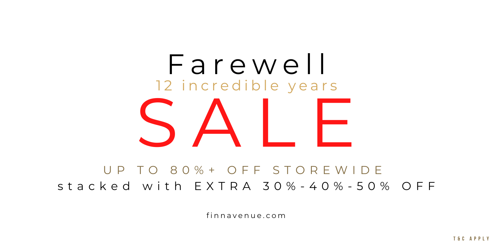Farewell sale promotional banner celebrating 12 incredible years of sophisticated contemporary home decor and storewide markdowns at Finn Avenue Furniture Store in Singapore.