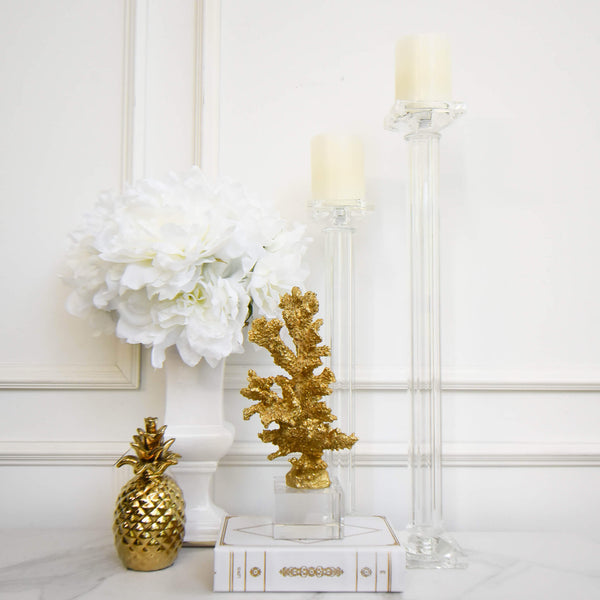 Constance Crystal Pillar Candle Holder in White Gold Decor Ideas for Console Table Entrance Decor.