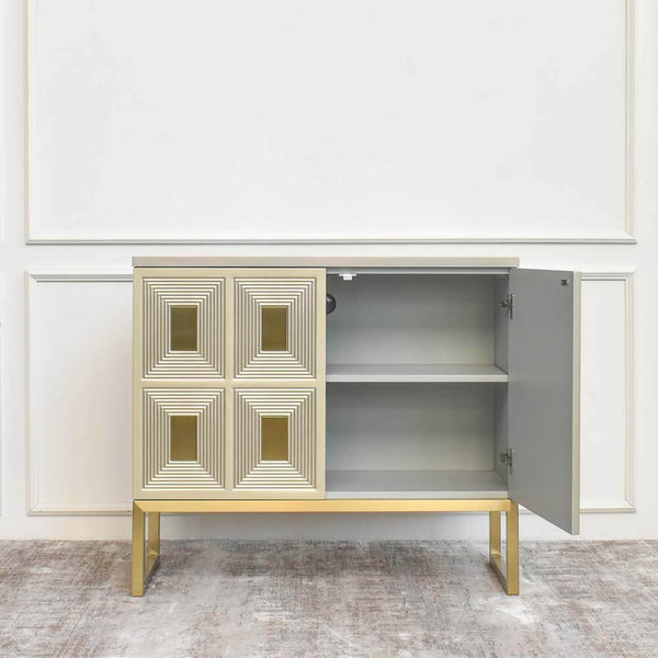 Stainless steel rectangular plates on the hand carved Contratto cabinet door, modern vintage cabinet style. 