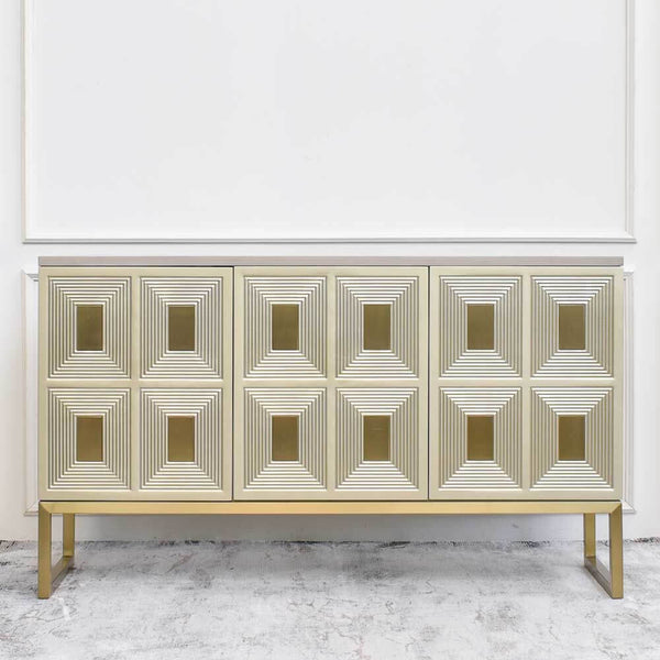 Contratto 3 Door Cabinet, geometric rectangular panels with a brushed gold finish in the inner panel. Exude a classic modern vintage feel to your home.