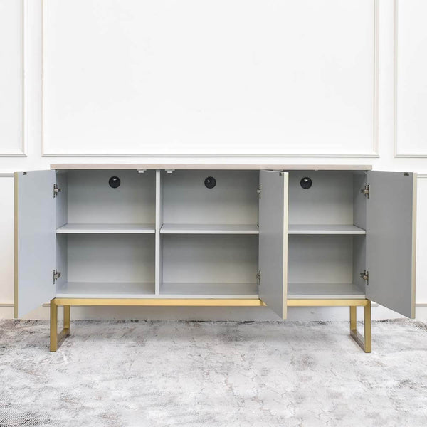 Opened doors of the Contratto sideboard, ample storage space divided into 6 cubics for more storage option. 