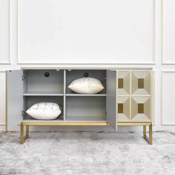 Two doors opened on the Contratto cabinet, each cubic shelf fits our 45cm square cushions, perfect storage space for your needs.