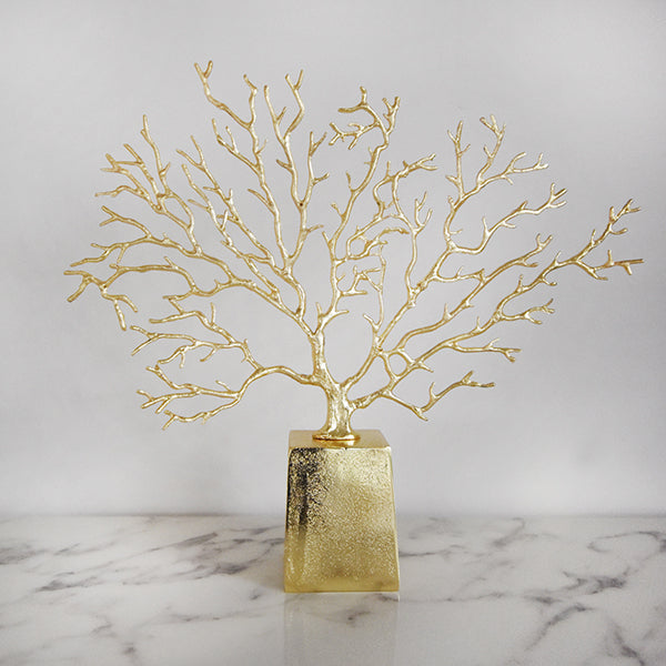 Gold coral reef accent sculpture that is great as table art, bookshelf decor.