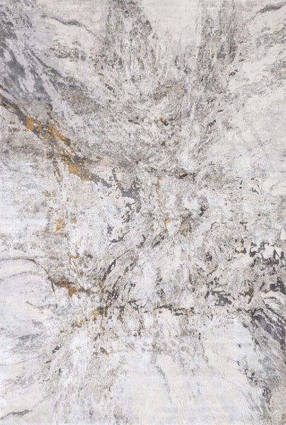 Full view of the marbled swirl patterns on the Curtis Luxury Art Rug. A mix of cream, grey and gold hues for a natural marble finish. 