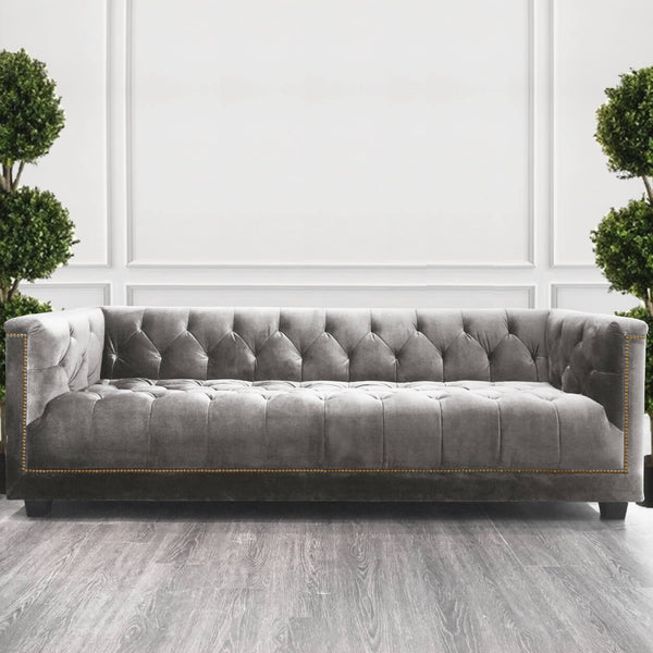 Earl sofa in taupe gray fabric, blending warm and cool tones for versatile styling.