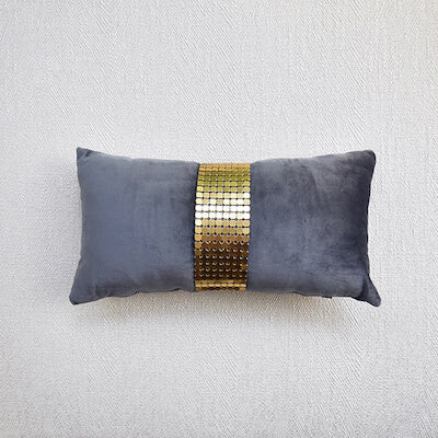 Dampierre Boudoir Cushion is in grey velvet with a gold mesh center. It is ideal for bed pillows or living room sofa.