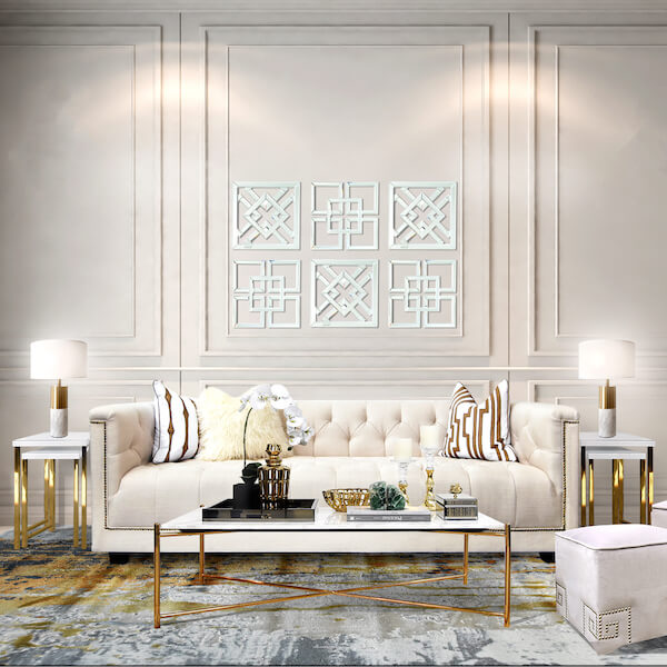 A modern vintage settee, hand-tufted details on linen upholstery  built with individual pocketed springs on seat cushion.