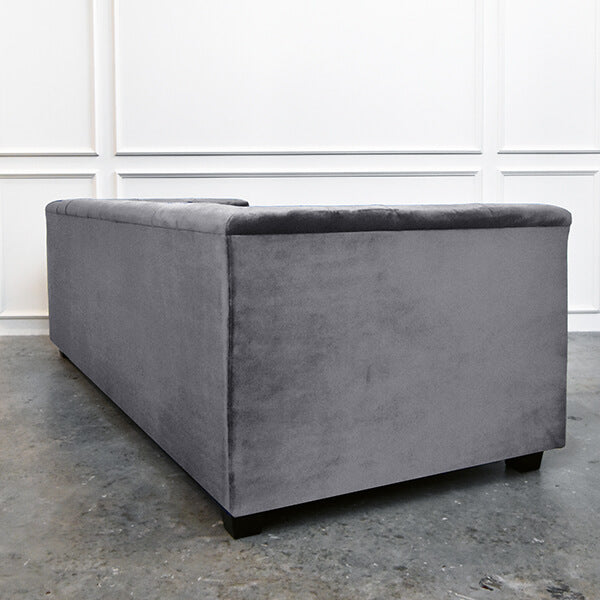 Back view of beautiful grey smooth velvet on Earl Of Chesterfield Sofa.