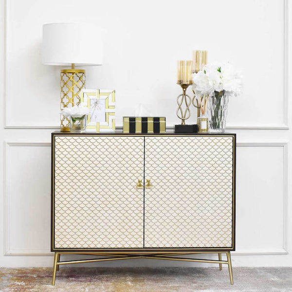 Elize 2 Door Cabinet Sideboard, Champagne Detailing on mermaid scale door panels, hand carved by artisans for a modern vintage appeal.