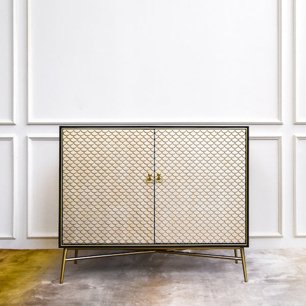 Elize 2 Door Cabinet in Walnut and Gold.