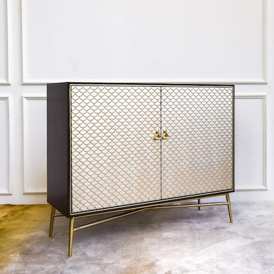 Elize 2 Door Vintage Sideboard with Gold Legs, enriched with hand works detailing distressed style hand-brushed strokes effects in champagne-gold mixed hues for a vivid vintage appearance.