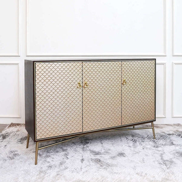 Luxury Entrance Decor Cabinet in Gold Modern Art Deco Design, with crossed stainless steel gold feet.
