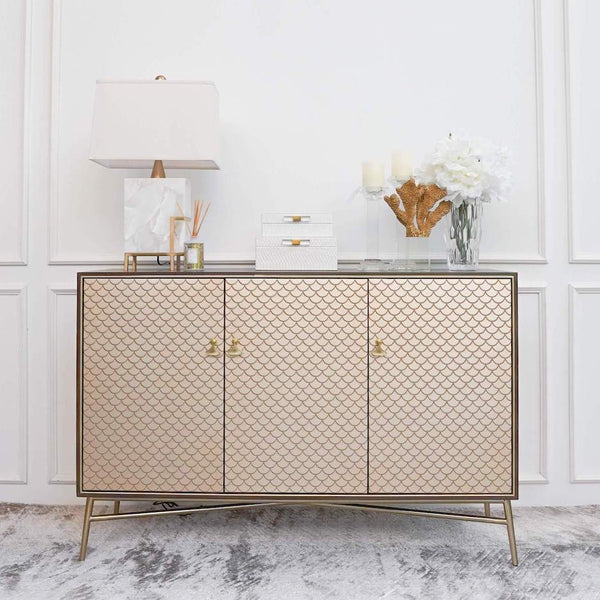 Elize 3 Door Gold Cabinet, Modern Mid Century Furniture Design with Entrance Decor Ideas.