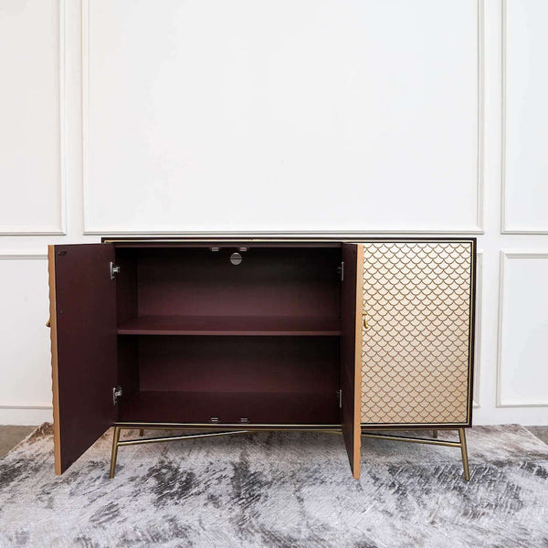 Spacious storage space as a dining sideboard or a shoe cabinet, grommet hole for cable management.
