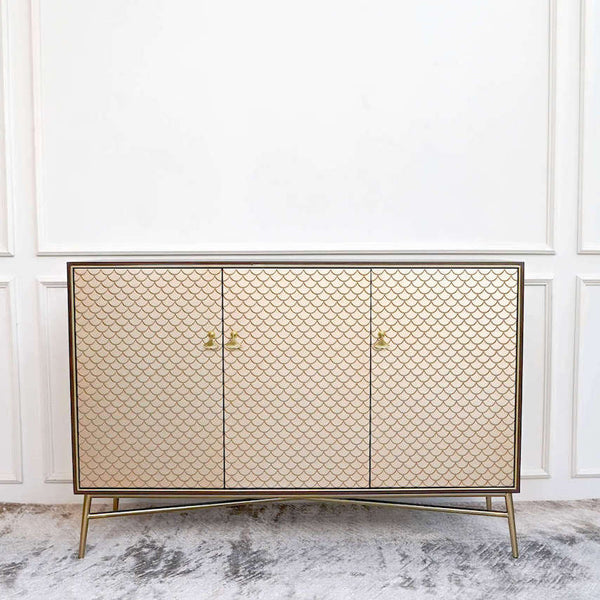 Elize 3 Door Gold Cabinet in Art Deco Furniture Design, charming gold appeal makes an outstanding focal point for a living room console decor, or a luxury entryway decor.