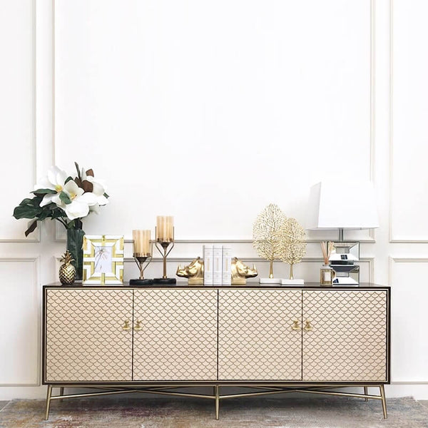 Elize TV Console decorated with Luxurious decor items for a Modern Luxury Appeal for the living room.