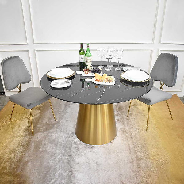 Round dining table in round cultured Black Marquina marble top.