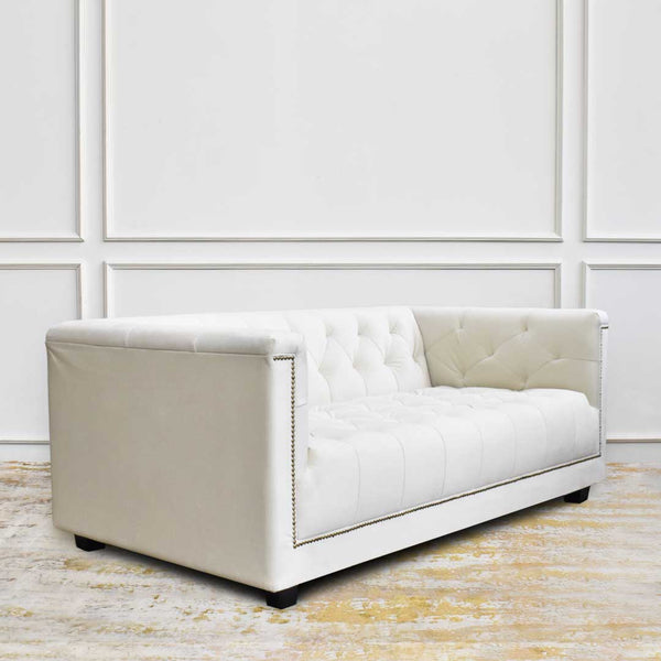 Angled side view of the Esquire 3 seater sofa, Spacious seating with side armrest details.