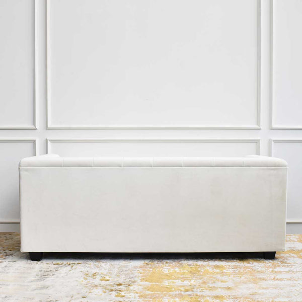 Back view of the smooth creamy velvet upholstery on the Esquire of Chesterfield sofa.