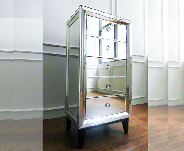 Etienne 5-Drawer Tall Boy Dresser carries a cohesive, sophisticated look in this bedroom setting.