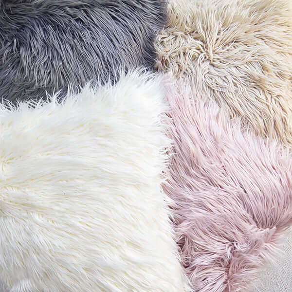 Faux Fur Shaggy Cushion, Pink, Cream, Beige and Grey.