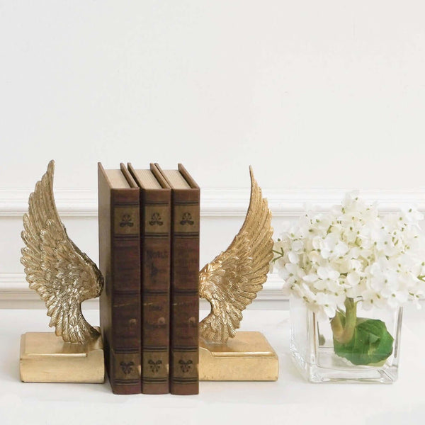 Fifine Gold Angel Wings Pedestal Bookends Petite with Antique Book Boxes Table Decor.