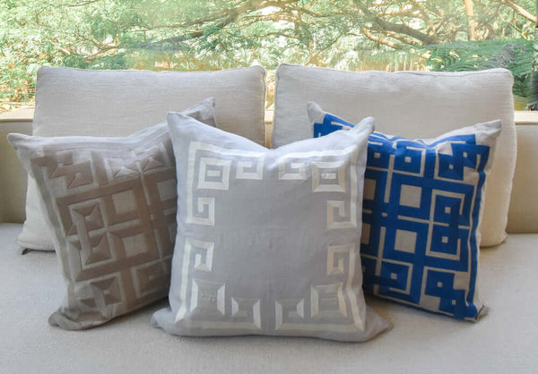 Greek key inspired cushion pattern, grey, linen, blue.