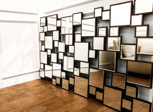 Close-up of Geometric Paradox Mirror – A detailed view of the mirrored finish and geometric design, showcasing its vintage-inspired charm in Hand-painted antique bronze-mix hues finish.