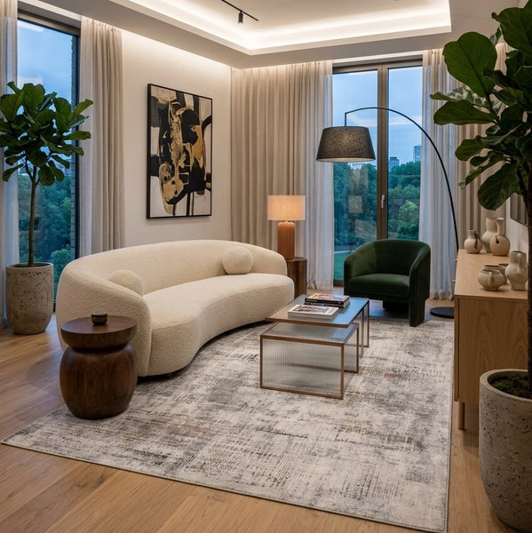 An apartment living room featuring the Giverny Luxury Rug, showcasing sophisticated contemporary home decor from Finn Avenue Furniture Store in Singapore.
