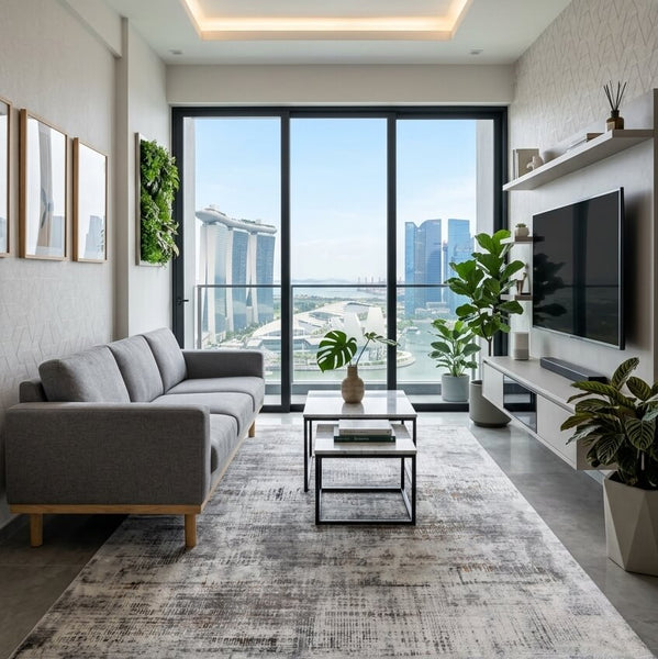 A modern Singapore apartment living room featuring the Giverny Luxury Rug, showcasing sophisticated contemporary home decor from Finn Avenue Furniture Store in Singapore.