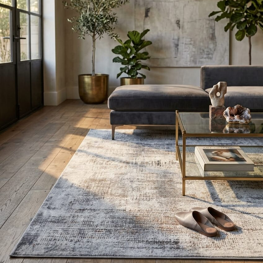 A serene and artsy living room featuring the Giverny Luxury Rug, showcasing sophisticated contemporary home decor from Finn Avenue Furniture Store in Singapore.