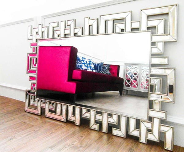 Landscape view of Greek symmetry mirror, Intricate sides showcases its feminine side. Perfect as a dresser mirror or decorative wall mirror.