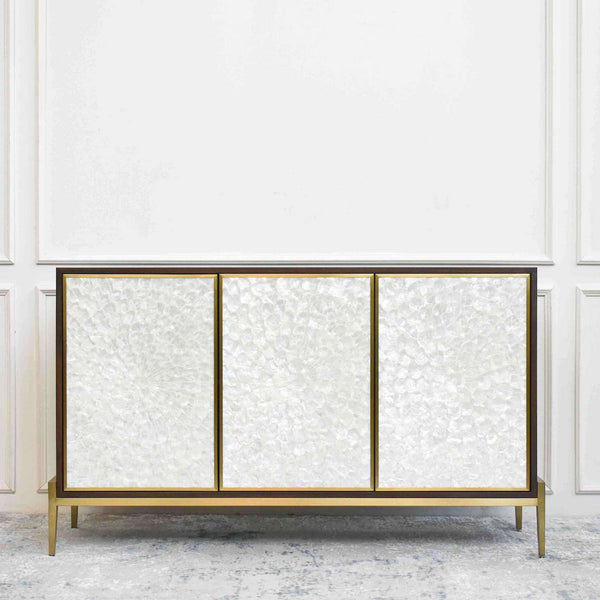 Harbour 3 Door Walnut Sideboard made with handcrafted Mother of Pearl Shell with gold detailing is displayed at Finn Avenue Showroom.