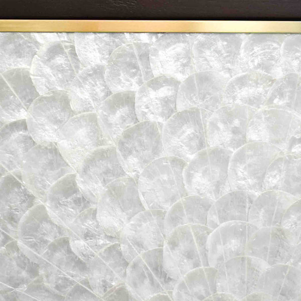Zoom in details of Natural Mother-of pearl shell door panels in ivory pearlescent tones.