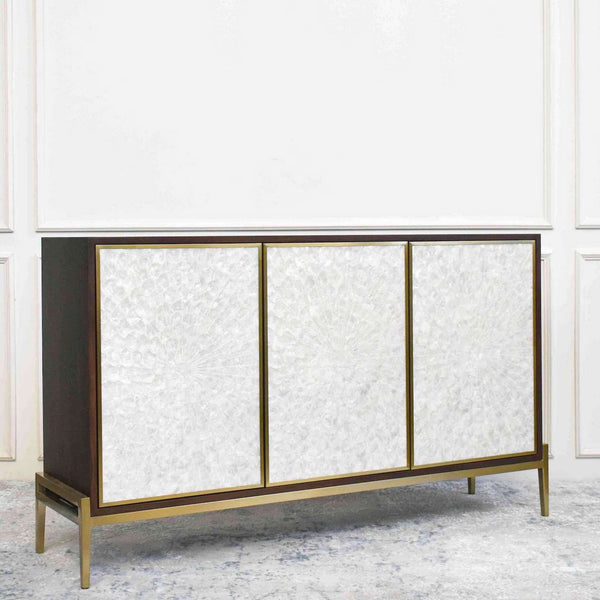 Front view of Harbour 3 door cabinet with Mother-Of-Pearl shell doors in a off-white colour.