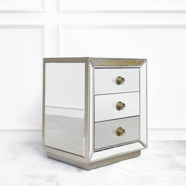 Side view of Hermes Mirrored side tables.