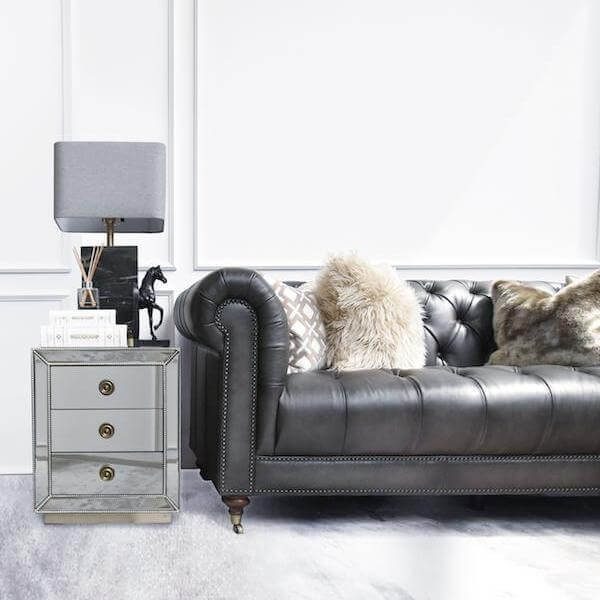 Versatile mirrored side table drawer for bedroom or living room.