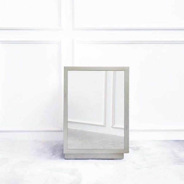 Side view of mirrored Hermes drawer with hand-painted multi-hues of champagne finish in a distressed hues mix on wood frame.