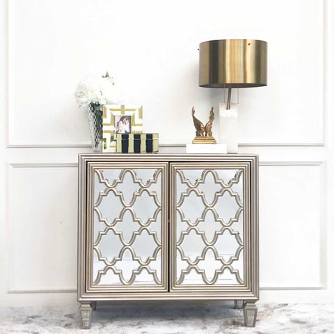Iberian-Moroccan Mirrored 2 Door Sideboard as a living room cabinet storage as well as entryway decor for a luxury timeless Interior Design.