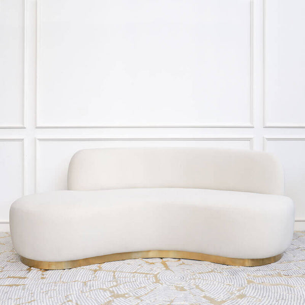 Luxurious suede-like velvety ivory cream seats, brushed steel gold plinth base.