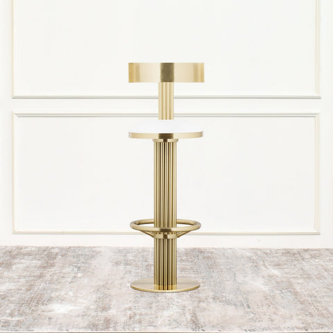 Front view of the Jadore Bar Stool featuring a plush white seat, slim T-backrest, and polished champagne white gold stainless steel frame with a fluted central column.
